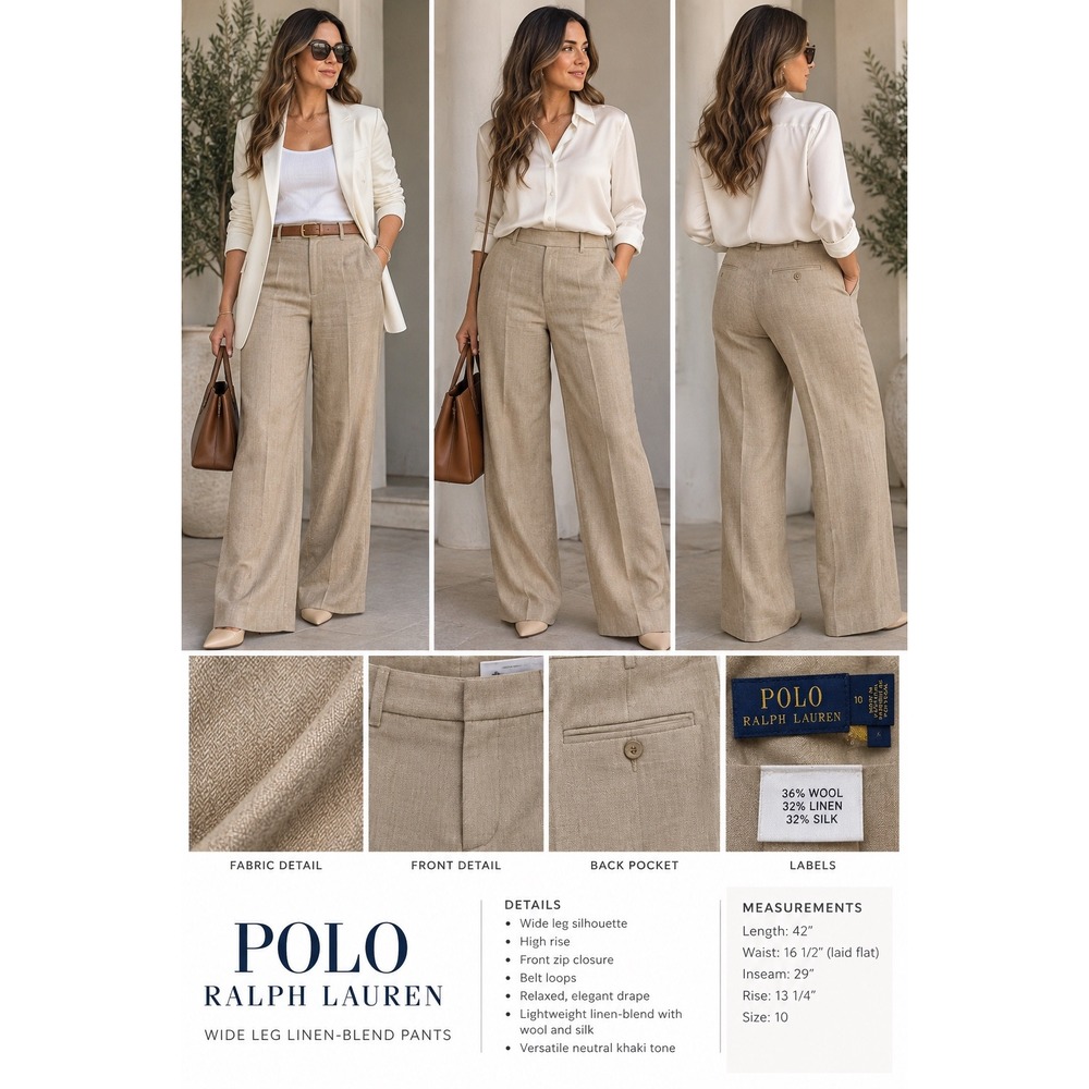 $400 Ralph Lauren Wide Leg Linen-Blend silk and wool Pants in Khaki size 10